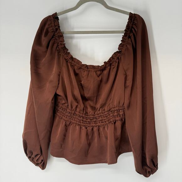 Eloquii Sateen Long Sleeve Peplum Hem Crop Top Women's Plus Size 14 Brown Y2K - Picture 2 of 8